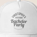 Casquette Chapeau de l'homme du Bachelor Party<br><div class="desc">Pour célébrer un Bachelor Party. Conçu pour quelqu'un qui a un "Bachelor Party"! Casquette masculin avec la date de la fête. Casquette du Bachelor Party. Ajoutez le nom de la personne dont il est la partie. Casquette de baseball du Bachelor Party.</div>