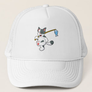 Casquette Chat à la pêche avec bâton de pêche