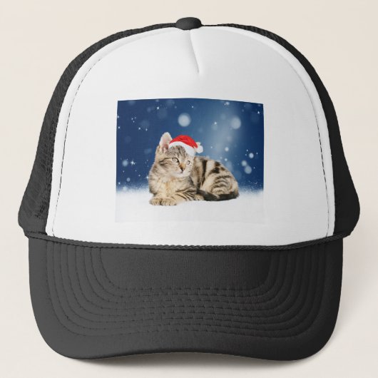 Casquette Chat mignon portant chapeau de Noël rouge neige (Devant)