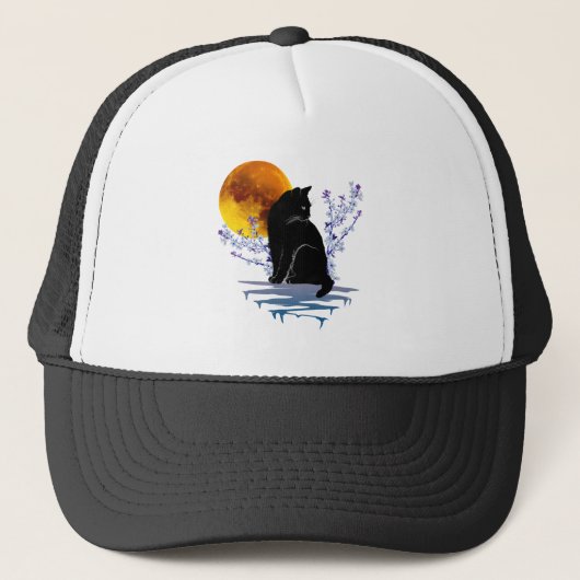 CASQUETTE CHAT MOON DANS BLOSSOM FLEURS NOIR CHATS AMOUREUX (Devant)