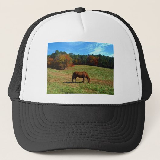 Casquette Cheval Brown rouge, arbres de chute, ciel bleu (Devant)