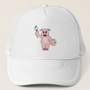 Casquette Cochon à la peinture avec pinceau et couleur