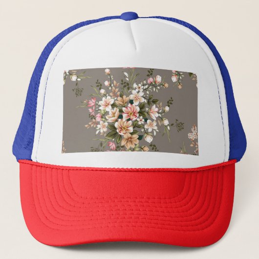 Casquette Crème, fleurs roses sur gris. (Devant)