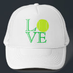Casquette de camionneur d'amour de tennis<br><div class="desc">Ce casquette "d'amour de tennis" est sûr de marquer quelques points avec des joueurs de tennis. (Qui s'appelle, "ironie, " enfants.) Le casquette définit le mot, "AMOUR" en vert, ouvrent le lettrage fait face, tout en à l'aide d'une balle de tennis pour le "O". La conception travaille sur beaucoup de...</div>