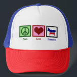 Casquette Démocrate Peace Love<br><div class="desc">Un beau cadeau pour un libéral. Un signe de paix,  un coeur rouge et un âne démocrate bleu.</div>