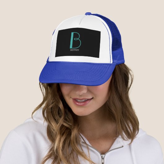 Casquette DIY Large Monogram & Name, Teal/White Text, Black (En situation)