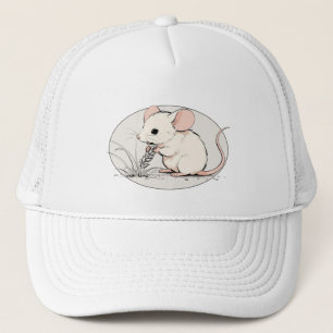 Casquette Drawing of a White Mouse nibbling Wheat grains