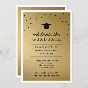 Casquette et Confetti Gold Graduation Invitation