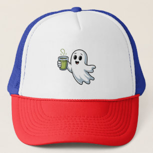 Casquette Fantôme effrayant d'Halloween tenant un matcha