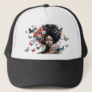 Casquette Femme noire avec Afro Floral et Papillons