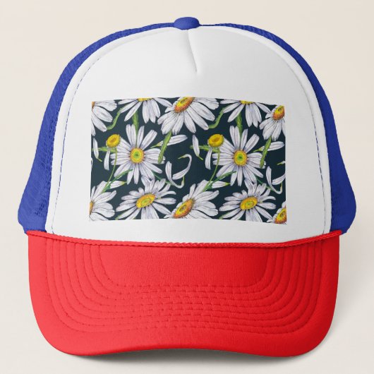 Casquette Fleurs chamomiles : Aquarelle bleu foncé. (Devant)