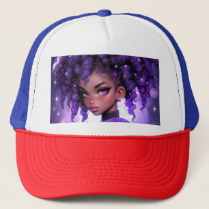 Casquette Galaxie violette fille avec cheveux bouclés