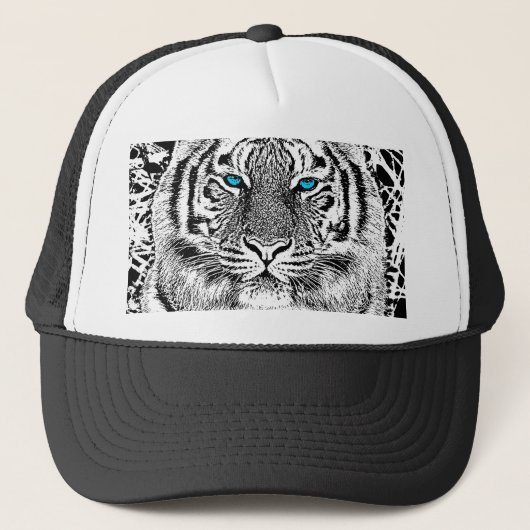 Casquette Graphique de tigre noir et blanc aux yeux bleus (Devant)