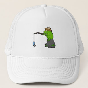Casquette Grenouille sur pierre à la pêche avec bâtonnet de
