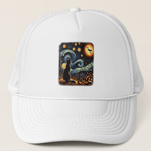 Casquette Halloween Van Gogh Starry Night Chat noir Citrouil (Devant)