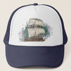 Casquette Hand Drawn Ship In Bow Wave On Splash Background