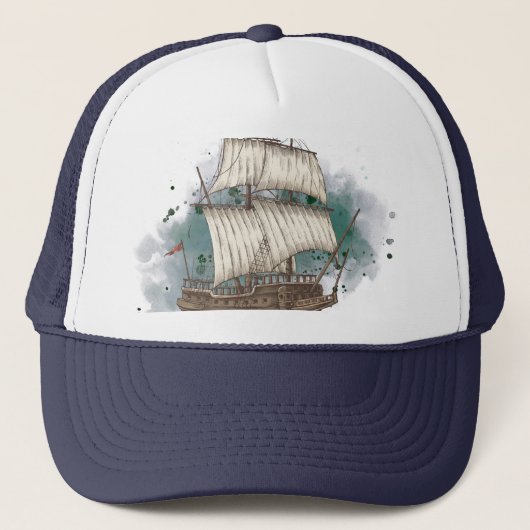 Casquette Hand Drawn Ship In Bow Wave On Splash Background (Devant)