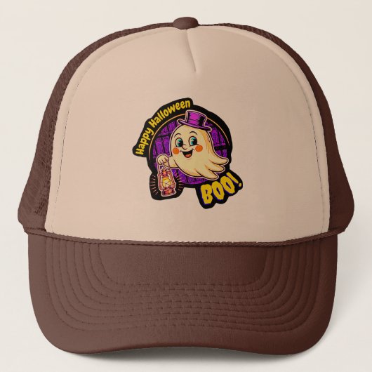 Casquette Happy Halloween BOO! Cute Retro Ghost with Lantern (Devant)