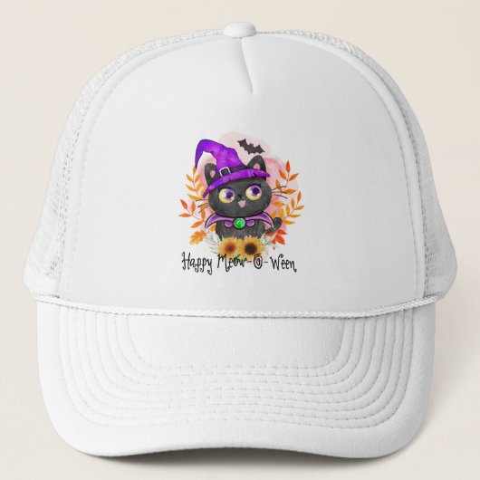 Casquette Happy Meow-o-ween -Chat Sorcière Noire (Devant)