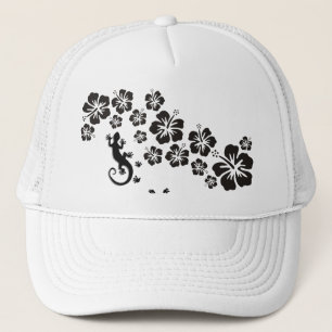 Casquette hibiscus blooms in black with Gecko