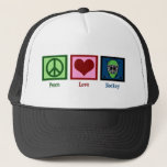 Casquette Hockey Peace Love<br><div class="desc">J'adore jouer au hockey. Panneau de paix,  coeur et masque de gardien devant deux bâtons de hockey.</div>