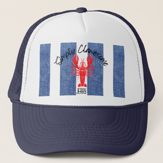 Casquette Homard rouge sur les bandes de Denim Bleu et Blanc (Devant)