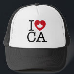 Casquette I Love CA | I Love Canada Custom Trucker Chapeau<br><div class="desc">Faites savoir à tout le monde à quel point vous aimez le Canada avec ce casquette "I Love CA" avec typographie rétro et accent de coeur de feuille d'érable. La meilleure façon de montrer votre fierté et votre amour pour le Canada. D'autres pays,  États,  provinces et villes sont disponibles.</div>