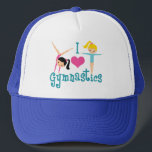 Casquette I Love Gymnastics Cute Gymnast<br><div class="desc">I Love Gymnastics. A pretty gymnastics girl hat gift with adorable teal text in between two tumbling girls and a beautiful pink heart. A cute gymnast present for a kids or women's gymnastic coach.</div>