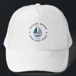 Casquette Illustration du bateau nautique Vintage blanc et b<br><div class="desc">Elégant blanc et bleu marine illustrations de bateaux nautiques vintages avec texte personnalisable.</div>