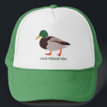 Casquette Illustration réaliste de Mallard Duck Personnalisé<br><div class="desc">Créez un cadeau personnalisé qui conviendra parfaitement aux amateurs d'oiseaux lorsque vous ajoutez leur nom ou votre propre message personnalisé à ce casquette de camionneurs. Il présente une illustration de style réaliste d'un canard colvert mâle en vert et en brun avec un nom ou un autre texte en coordonnant le...</div>