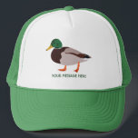 Casquette Illustration réaliste de Mallard Duck Personnalisé<br><div class="desc">Créez un cadeau personnalisé qui conviendra parfaitement aux amateurs d'oiseaux lorsque vous ajoutez leur nom ou votre propre message personnalisé à ce casquette de camionneurs. Il présente une illustration de style réaliste d'un canard colvert mâle en vert et en brun avec un nom ou un autre texte en coordonnant le...</div>