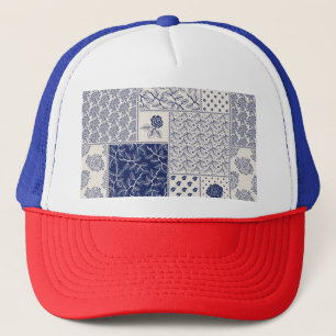 Casquette Indigo Bleu Beige Floral Patchwork