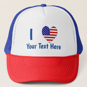 Casquette J'aime (Cœur Drapeau USA) Votre Texte Bleu