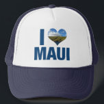 Casquette J'Aime Maui Hawaii Vacances Hawaiiennes mignonnes<br><div class="desc">J'aime Maui Hawaii casquette avec une photo en forme de coeur mignonne de l'océan Hawaiien bleu et des montagnes vertes. De belles eaux côtières me rendent heureux en vacances d'été. Un mignon casquette de gardien avec moulins à vent sur une colline.</div>