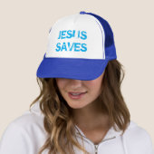 CASQUETTE JÉSUS SAVE TRUCKER HAT - BLANC & ROYAL (En situation)