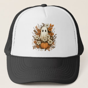 Casquette Joli Fantôme avec Citrouille et Fleurs d'Automne –