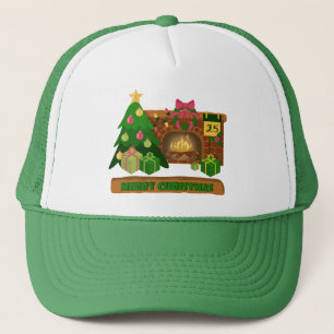Casquette Joyeux Noël près de la cheminée bonfire xmas arbre