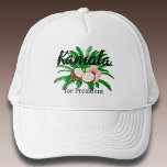 Casquette Kamala, président de la noix de coco<br><div class="desc">Tirez-vous avec ce casquette graphique coloré qui soutient la campagne de Kamala Harris pour le président. Comprend des lettres en caractères noirs gras et des accents graphiques floral et coco avec une touche féminine. Votre choix de couleurs casquettes.</div>