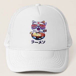Casquette Kawaii Chat Manger Ramen - Jolies nouilles japonai