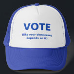 Casquette Le vote comme votre démocratie dépend de lui<br><div class="desc">Un casquette bleu et blanc qui indique le vote (comme votre démocratie dépend de lui).</div>