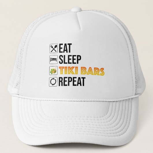 Casquette Manger. Dormir. Bars Tiki. Répéter (Devant)
