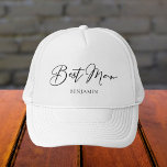 Casquette Meilleur homme Personnalisé Chic Minimaliste Maria<br><div class="desc">Ce casquette chic et simple de l'homme brille votre nom sous l'élégante typographie noire. Customisez ces élégants et modernes casquettes de fête de mariée pour votre mariage ou votre baccalauréat.</div>