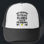 Casquette Mon Joueur favori de softball m'appelle grand-mère<br><div class="desc">Faites votre propre chapeau de camionneur. L'outil de conception vous permet d'ajouter votre art, vos designs ou vos photos pour créer un chapeau tout américain unique! Vous pouvez ajouter du texte à l'aide de polices cool et voir un aperçu de votre création ! Notre chapeau Trucker simple à personnaliser n'a...</div>