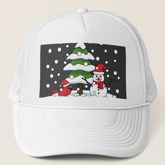 Casquette Neige tombant sur Cardinal, Snowman et Pine Tree (Devant)