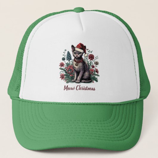Casquette Noël Devon Rex Chat : Chapeau et Fleurs de Noël (Devant)