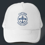Casquette Nom du bateau-frontière de la corde d'ancrage du c<br><div class="desc">Chapeau de camion avec ancre marine bleu foncé entourée d'une bordure de corde. De l'autre côté de l'ancre se trouve un ruban bleu portant le nom de votre bateau.  Ajoutez le titre,  par exemple le capitaine,  en haut et un nom personnalisé en bas.</div>