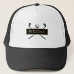 Casquette Nom Personnalisé Black Gold Golf Ball Et Clubs<br><div class="desc">Personnalisez le nom pour créer un grand cadeau de golf et de garder saké. Conçu par Thisisnotme©</div>