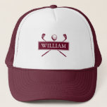 Casquette Nom Personnalisé Burgundy Golf Ball And Clubs<br><div class="desc">Personnalisez le nom pour créer un grand cadeau de golf et de garder saké. Conçu par Thisisnotme©</div>