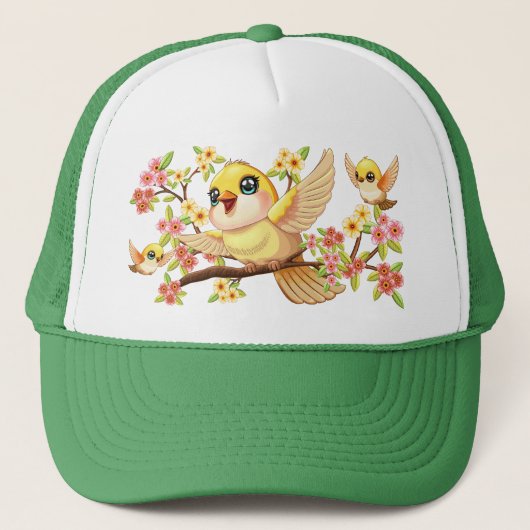 Casquette Oiseaux mignons et heureux parmi les fleurs du pri (Devant)