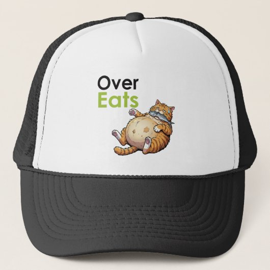 Casquette Over Eats - Funny Fat Cat Eating Fish Cartoon (Devant)